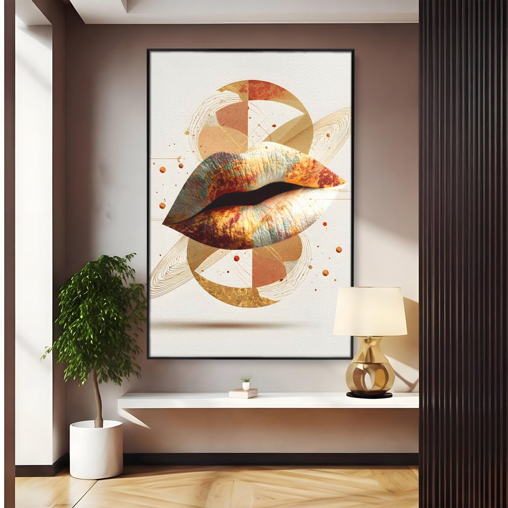 Tablou canvas cu tablou canvas cu buze aurii si forme geometrice, in rama de aluminiu negru